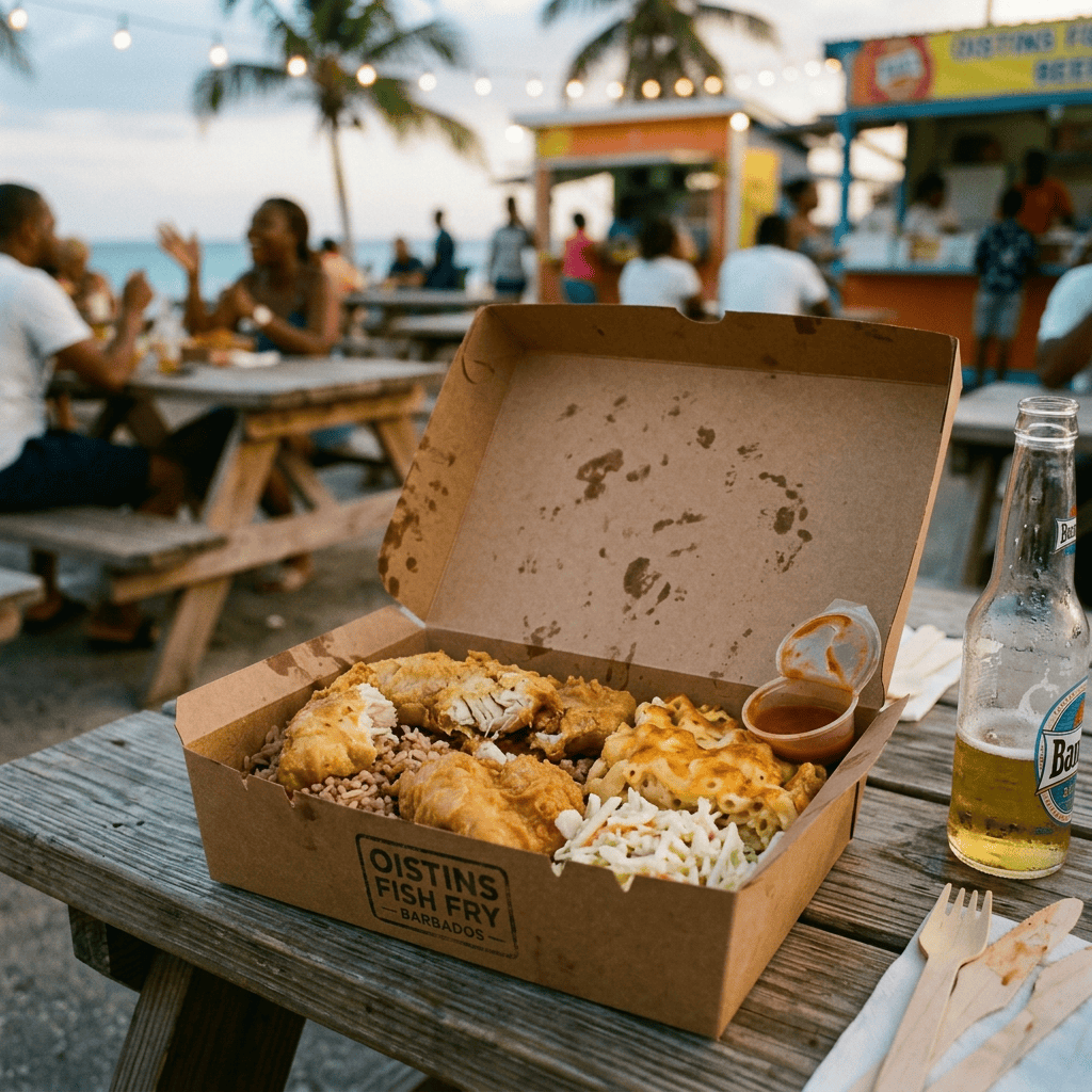 Open box of fried fish, rice, macaroni pie, slaw, and hot sauce
